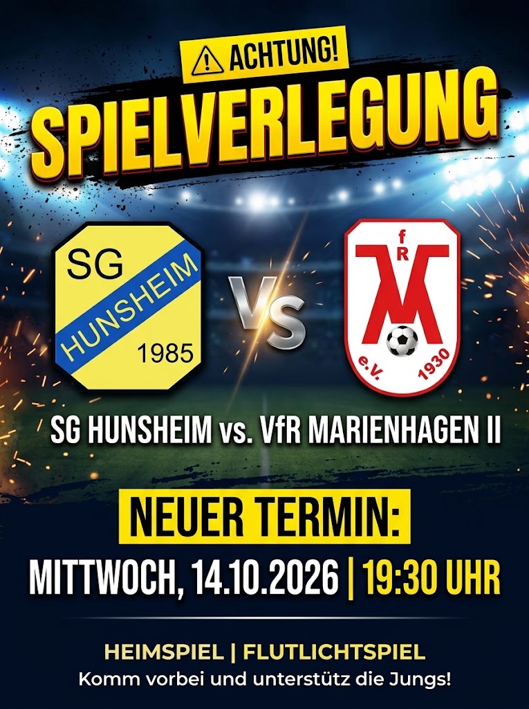 Spielverlegung: Heimspiel gegen VfR Marienhagen II auf Mittwochabend verlegt